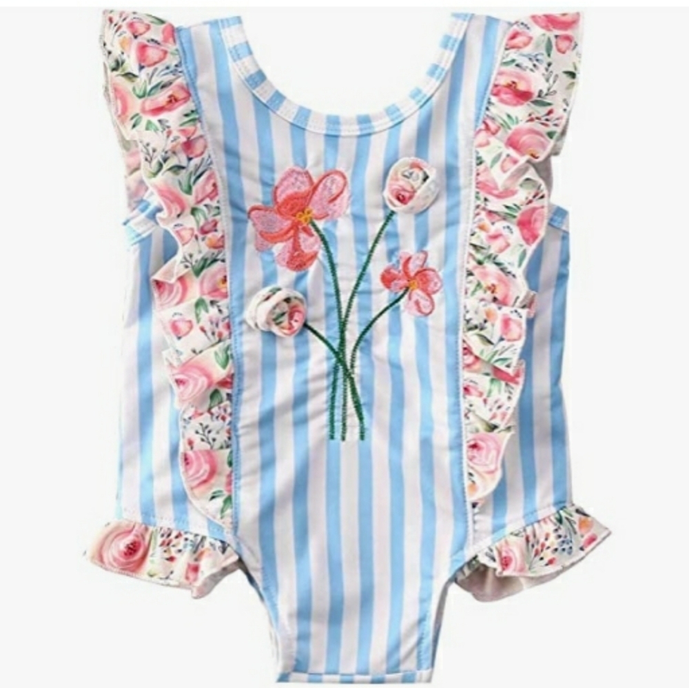 🐥Little girls Ruffle Flower Stripped Print Swimsuit